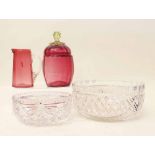 Cranberry jar and cover, also a ruby and two cut glass fruit bowls. Condition report: see terms