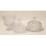 Cut glass cheese dish and cover, glass fruit bowl and basket. Condition report: see terms and