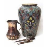 Persian pottery Isnik vase, also a silver plated tankard/vase and a white metal mounted knife.