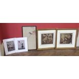 Framed Japanese watercolour of birds, pair sepia prints and pair of Banksy prints (unframed).