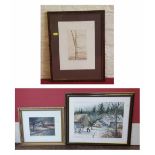 Robert Percival, 20th century, Rural scene, watercolour and two prints by the same artist (3).