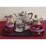 Collection of Victorian glass, plated teapot and preserie stand, also a Staffordshire jug. Condition