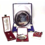 Silver Princess Anne and Captain Phillips cased plate, also a Queen Elizabeth Jubilee dish and spoon