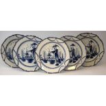 Five pearlware plates circa 1800, painted with pointing oriental figures within pagoda