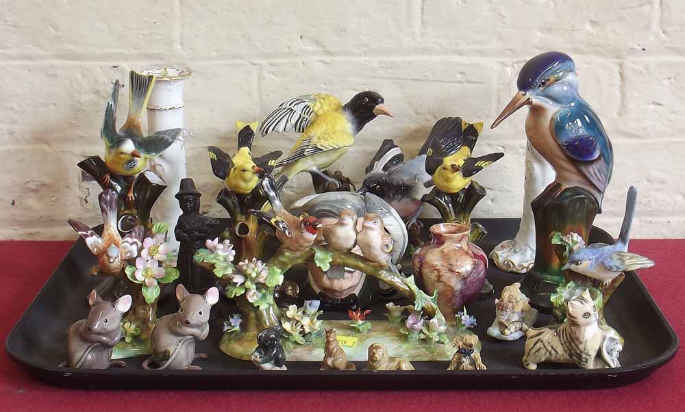 Collection of ceramics including Crown Staffordshire birds, Cauldon candlesticks, Wade figures,