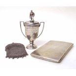 Silver cigarette case, silver bowls trophy and an E.P. mesh purse. Condition report: see terms and