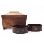 Pair of papier mache coasters and a rosewood tea caddy. Condition report: see terms and conditions