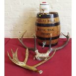 Gonzalez Byass Bristol milk sherry barrel, ceramic whiskey barrel and 2 sets of antlers Condition