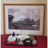 Collection of railway arna to include GWR pint glass and blue bottle, LMS fork, LNWR plate, LMS