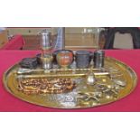 Large brass tray, small wolf safety lamp, brass bell, pr brass ashtrays in the form of insects,