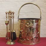 Embossed brass coal bucket and a set of fire tidy's. Condition report: see terms and conditions