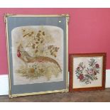 Needlework picture of a pheasant in gilt frame and another similar (2). Condition report: see