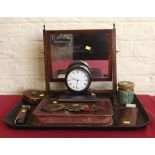 Farriers paring knife; French mantel clock; leather cased tape measure and other items; leather