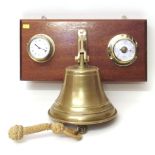 Brass ship style bell mounted on mahogany plinth C/W Smiths clock and barometer Condition report: