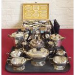 Viners 3pc. plated tea set, Georgian style 4pc. plated tea set, PR plated candlesticks, 2 trophys