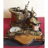 Edwardian aneroid barometer, Royal Doulton 'Monty' character jugs, qty horse brass, pair of bellows,