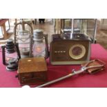 Bush bakalite radio (type Dac 70), Elliot Bros. Portable standard ammeter, 3 hurricane lamps and