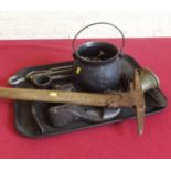 Large qty keys, small cast iron cauldron, cast iron lasts, 2 tension lines and medium sized pick axe