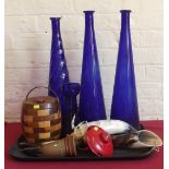 4 cow horns, wooden biscuit barrel, 3 colbalt blue decanters and vase and tin plate spinning top