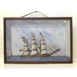 Late 19th century cased diorama model of a 3 mast galleon in sail with painted detail, 65cm x 43cm