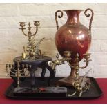 Victorian copper samovar, pair of dragon candlesticks, brass fenorah etc. Condition report: see