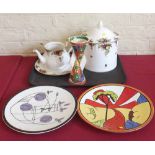 Royal Albert bread bin, plate and teapot base, Wedgwood Clarice Cliff vase and two Brian Wood