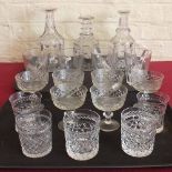 Three Stuart crystal tumblers, four large tumblers, three decanters and six sundae dishes. Condition