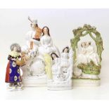 Three Staffordshire flat-back figures and continental figures. Condition report: see terms and