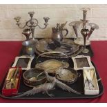 Various plated trays, epergne, coaster, candelabra and two plated pheasants etc. Condition report: