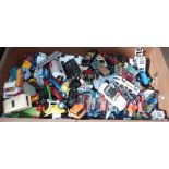 Wooden box containing large qty of play worn die-cast cars, lorries and caravans etc Condition