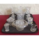 Two cut glass vases, lidded biscuit jar, posy vases, cut glass basket and misc. glass ware.