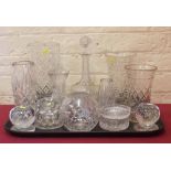 Pair of glass paper weights, dishes, decanter, vases etc. Condition report: see terms and