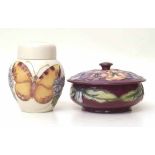 Moorcroft pansy pattern lidded bowl and a small butterfly ginger jar Condition report: see terms and