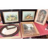 Pair of still life prints, oval mirror and other prints. Condition report: see terms and conditions