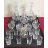 Pair of cut glass decanters, etched glass ditto, six sundae dishes, pickle jar, 12 tumblers (6+6)