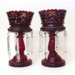 Pair of Cranberry glass lustres. Condition report: see terms and conditions