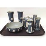 Green Dudson Jasper to include two pairs of vases, another vase, bowl and biscuit jar Condition