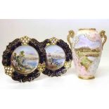 Diamond china twin handled vase signed E. Clay also a pair of pierced cabinet plates by J. Allen