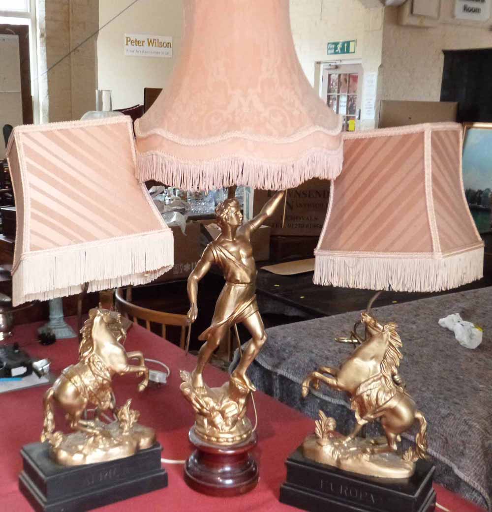Pair of Spelter figures 'Africa' and 'Europa' on slate base and Spelter figure 'Chasseur' on