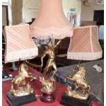 Pair of Spelter figures 'Africa' and 'Europa' on slate base and Spelter figure 'Chasseur' on