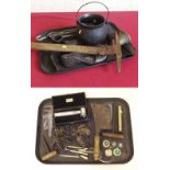 Cast iron cauldron, medium sized pick axe, large qty of keys, meat cleaver, boxed 'ultra lens', 2