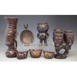 Collection of vessels, including three double spouted ceremonial cups probably Suku, a Kuba