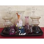 Pair of cut glass dishes on plinths, two decanters and other glass ware. Condition report: see terms