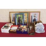 Collection of doll parts, wigs, costume stands contained within four boxes, also four framed doll