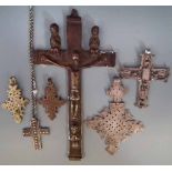 Kongo brass or bronze Crucifix figure, also five Ethiopian Coptic crosses, (6) the crucifix measures