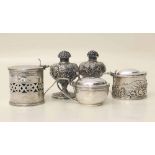 Three silver mustard pots and a pair of continental white metal pepper pots. Condition report: see