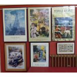 Five framed and glazed prints approximate size 26ins x 36ins and one display of cigarette cards.