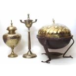 Indian brass lamp, vase and lidded dish. Condition report: see terms and conditions