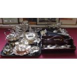 Large collection of mixed silver plated ware including cutlery, spirit kettles, sauceboats etc.