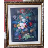Large ornately framed colour print of floral still life Condition report: see terms and conditions